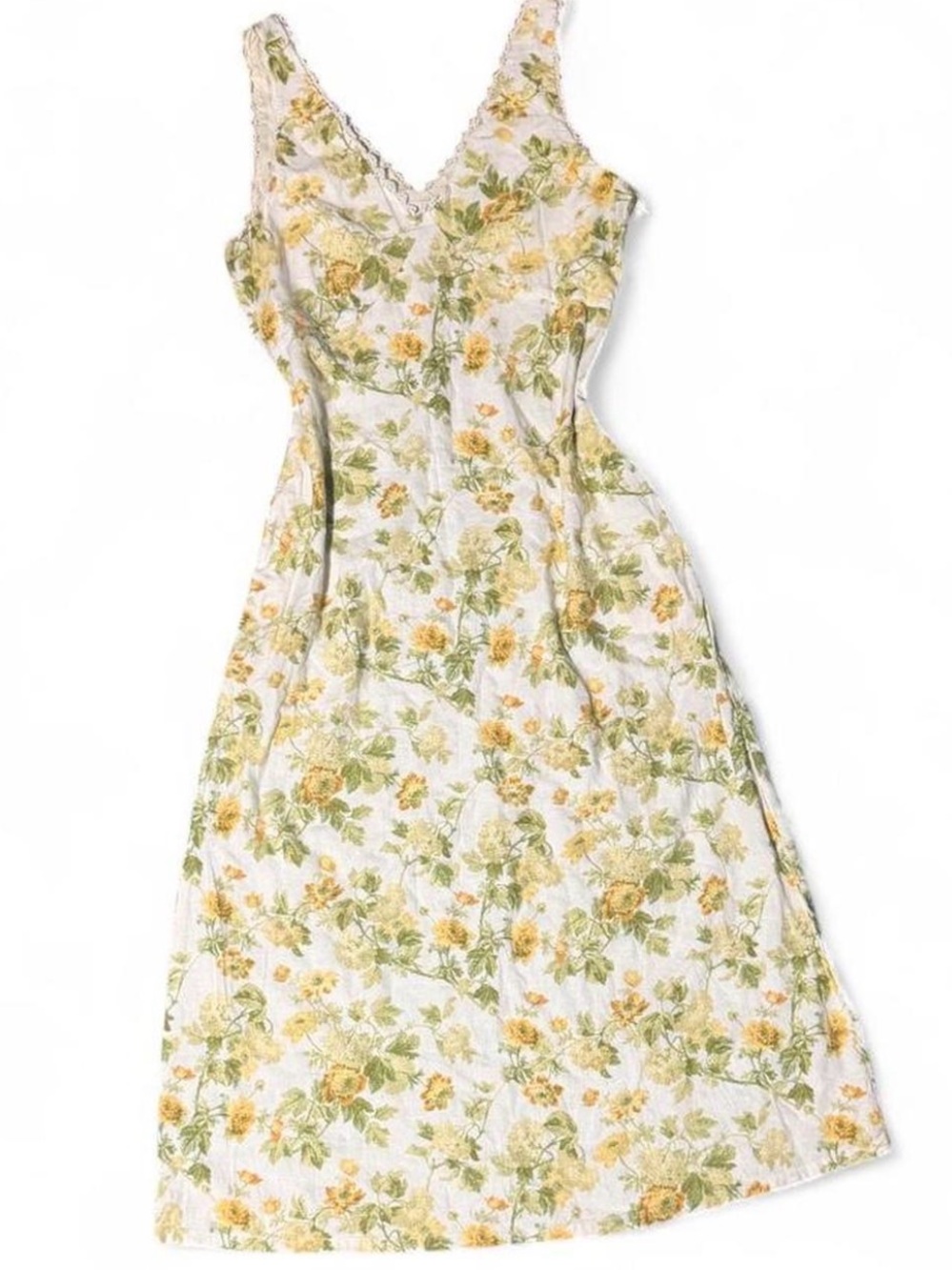 Laura Ashley Floral Lace-Trim Slip Dress in Yellow & Green